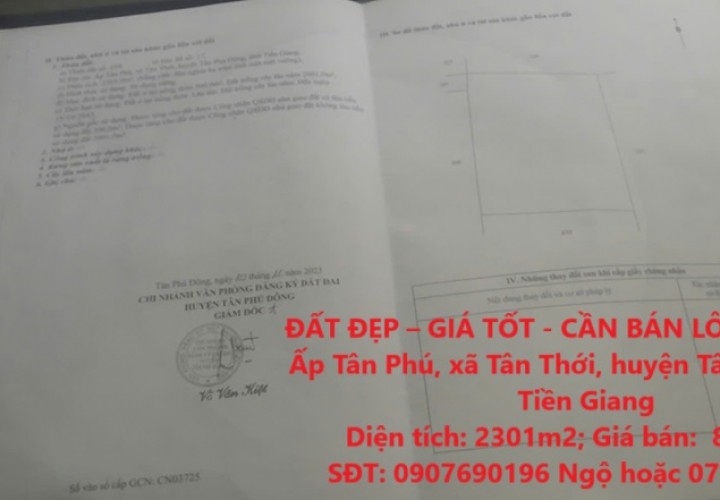 ĐẤT ĐẸP – GIÁ TỐT - CẦN BÁN LÔ ĐẤT ĐẸP tại huyện Tân Phú Đông, tỉnhTiền Giang