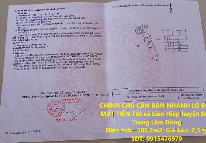 CHÍNH CHỦ CẦN BÁN NHANH LÔ ĐẤT  MẶT TIỀN TẠI xã Liên Hiêp huyện Đức Trọng Lâm Đồng