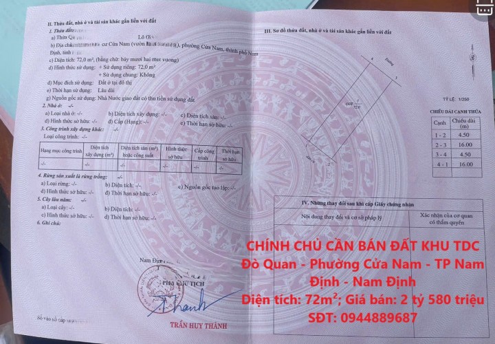 CHÍNH CHỦ CẦN BÁN ĐẤT KHU TDC Đò Quan - Phường Cửa Nam - TP Nam Định - Nam Định