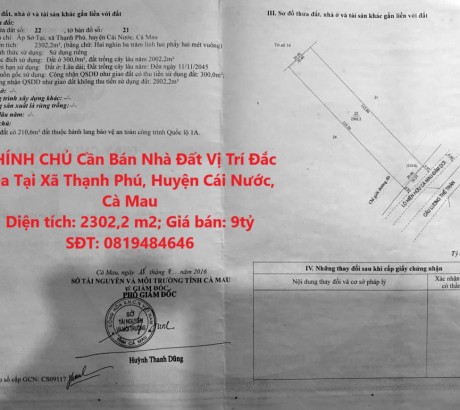 CHÍNH CHỦ Cần Bán Nhà Đất Vị Trí Đắc Địa Tại Xã Thạnh Phú, Huyện Cái Nước, Cà Mau