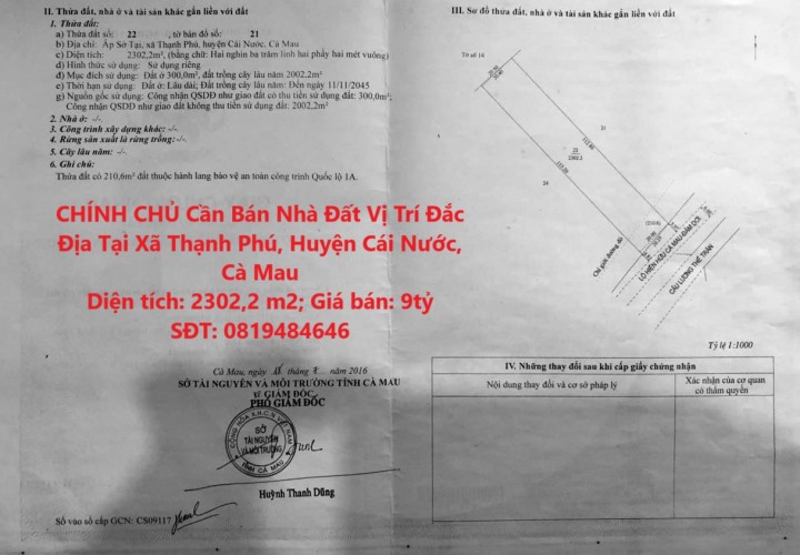 CHÍNH CHỦ Cần Bán Nhà Đất Vị Trí Đắc Địa Tại Xã Thạnh Phú, Huyện Cái Nước, Cà Mau