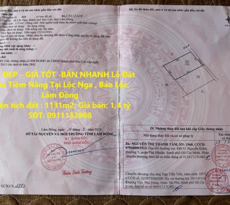 ĐẤT ĐẸP – GIÁ TỐT -BÁN NHANH Lô Đất Siêu Tiềm Năng Tại Lộc Nga , Bảo Lộc, Lâm Đồng