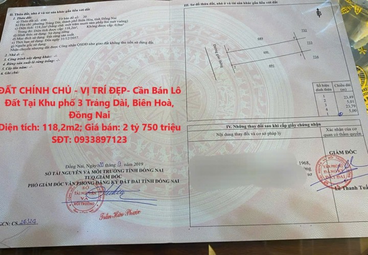 ĐẤT CHÍNH CHỦ - VỊ TRÍ ĐẸP- Cần Bán Lô Đất Tại Khu phố 3 Trảng Dài, Biên Hoà, Đồng Nai