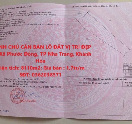CHÍNH CHỦ CẦN BÁN LÔ ĐẤT VỊ TRÍ ĐẸP TẠI Xã Phước Đồng, TP Nha Trang, Khánh Hòa