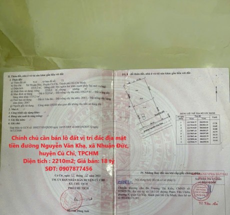 Chính chủ cần bán lô đất vị trí đắc địa mặt tiền đường Nguyễn Văn Khạ, TPHCM