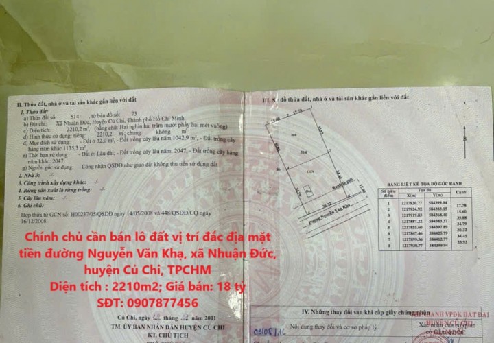 Chính chủ cần bán lô đất vị trí đắc địa mặt tiền đường Nguyễn Văn Khạ, TPHCM