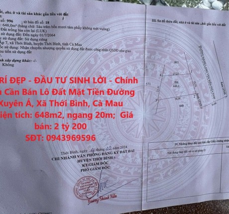 VỊ TRÍ ĐẸP - ĐẦU TƯ SINH LỜI - Chính Chủ Cần Bán Lô Đất Mặt Tiền Đường Xuyên Á, Xã Thới Bình, Cà Mau