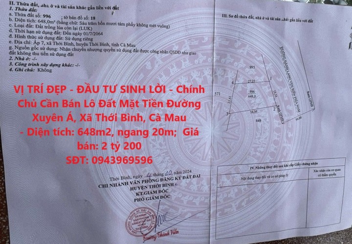 VỊ TRÍ ĐẸP - ĐẦU TƯ SINH LỜI - Chính Chủ Cần Bán Lô Đất Mặt Tiền Đường Xuyên Á, Xã Thới Bình, Cà Mau