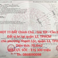 HOT HOT !!! ĐẤT Chính Chủ - Giá Tốt - Cần bán lô Đất vị trí tại quận 12, TPHCM