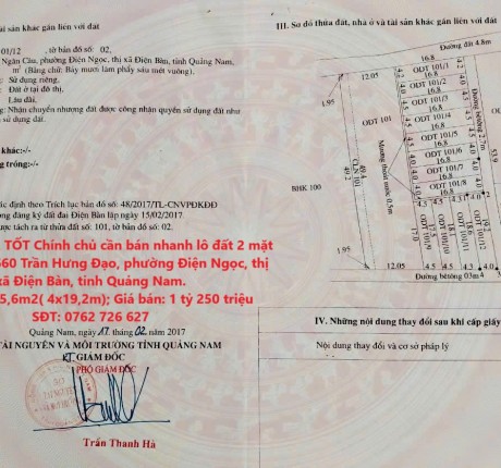 ĐẤT ĐẸP - GIÁ TỐT Chính chủ cần bán nhanh lô đất 2 mặt tiền vị trí tại thị xã Điện Bàn, tỉnh Quảng Nam.