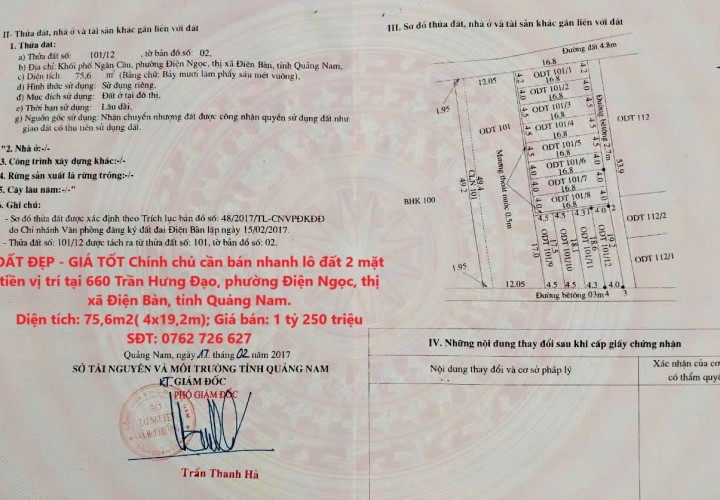 ĐẤT ĐẸP - GIÁ TỐT Chính chủ cần bán nhanh lô đất 2 mặt tiền vị trí tại thị xã Điện Bàn, tỉnh Quảng Nam.