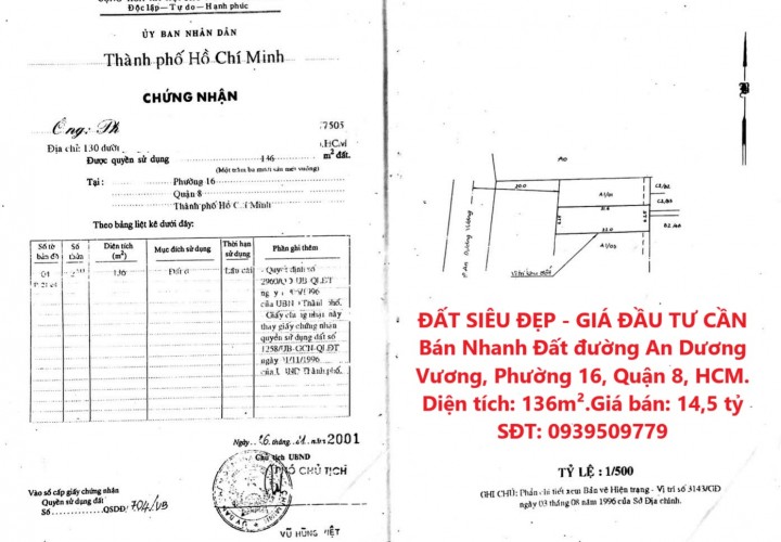 ĐẤT SIÊU ĐẸP - GIÁ ĐẦU TƯ CẦN Bán Nhanh Đất đường An Dương Vương, Phường 16, Quận 8, HCM.