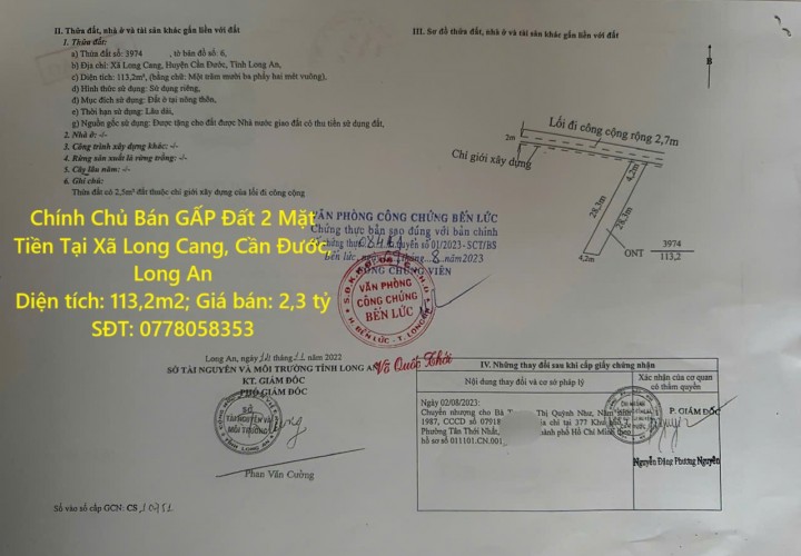 Chính Chủ Bán GẤP Đất 2 Mặt Tiền Tại Xã Long Cang, Cần Đước, Long An