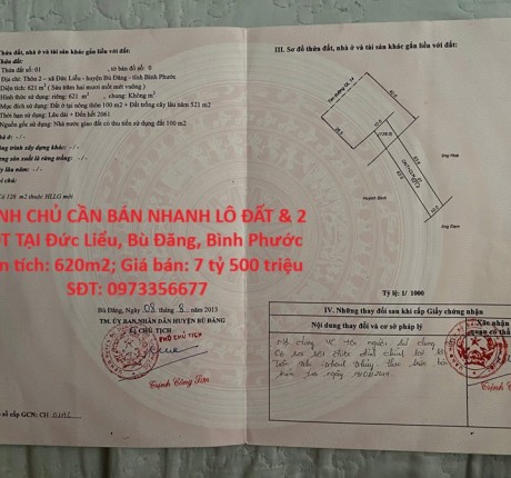 CHÍNH CHỦ CẦN BÁN NHANH LÔ ĐẤT & 2 KIOT TẠI Đức Liểu, Bù Đăng, Bình Phước