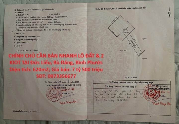 CHÍNH CHỦ CẦN BÁN NHANH LÔ ĐẤT & 2 KIOT TẠI Đức Liểu, Bù Đăng, Bình Phước
