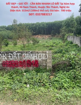 ĐẤT ĐẸP – GIÁ TỐT - CẦN BÁN NHANH LÔ ĐẤT Tại Xóm hợp thành, Xã Nam Thành, Huyện Yên Thành, Nghệ An