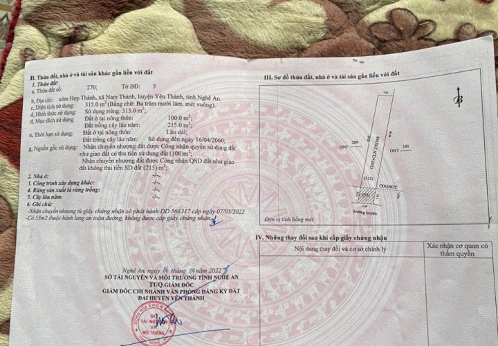 ĐẤT ĐẸP – GIÁ TỐT - CẦN BÁN NHANH LÔ ĐẤT Tại Xóm hợp thành, Xã Nam Thành, Huyện Yên Thành, Nghệ An
