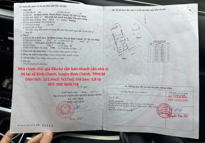 Nhà chính chủ- giá đầu tư cần bán nhanh căn nhà vị trí tại huyện Bình Chánh, TPHCM