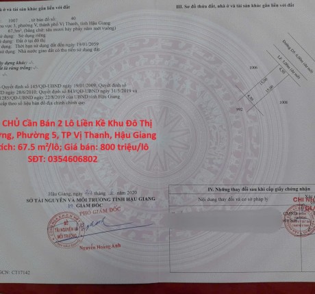CHÍNH CHỦ Cần Bán 2 Lô Liền Kề Khu Đô Thị Cát Tường, Phường 5, TP Vị Thanh, Hậu Giang