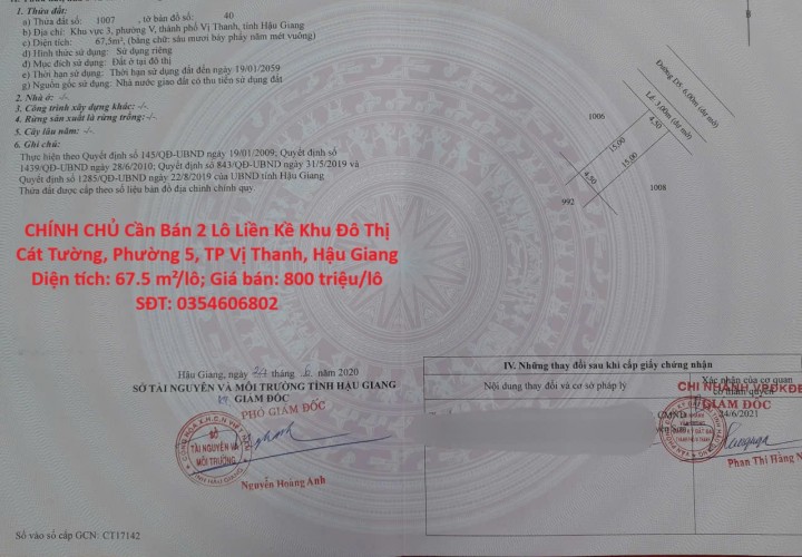 CHÍNH CHỦ Cần Bán 2 Lô Liền Kề Khu Đô Thị Cát Tường, Phường 5, TP Vị Thanh, Hậu Giang