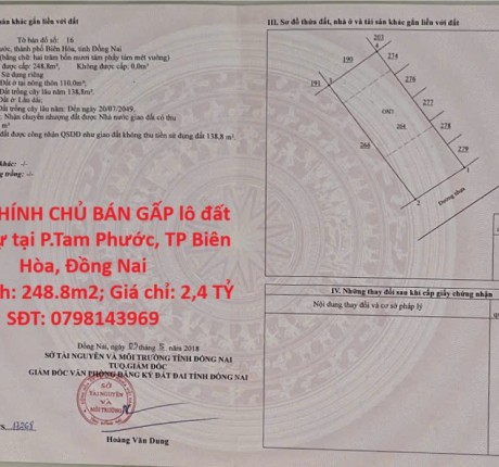 HOT! CHÍNH CHỦ BÁN GẤP lô đất biệt thự tại P.Tam Phước, TP Biên Hòa, Đồng Nai