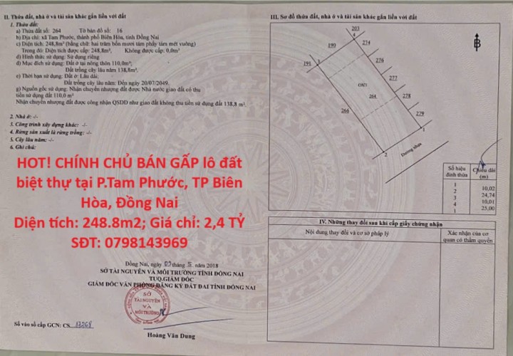 HOT! CHÍNH CHỦ BÁN GẤP lô đất biệt thự tại P.Tam Phước, TP Biên Hòa, Đồng Nai