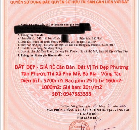 ĐẤT ĐẸP - GIÁ RẺ Cần Bán Đất Vị Trí Đẹp Phường Tân Phước Thị Xã Phú Mỹ, Bà Rịa - Vũng Tàu