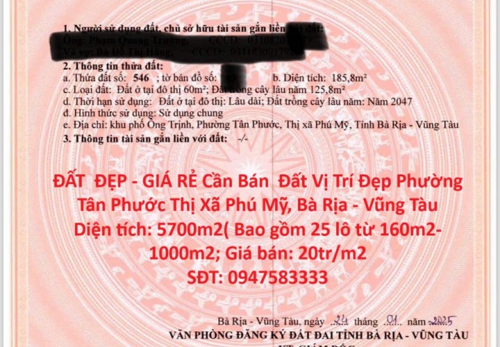 ĐẤT  ĐẸP - GIÁ RẺ Cần Bán  Đất Vị Trí Đẹp Phường Tân Phước Thị Xã Phú Mỹ, Bà Rịa - Vũng Tàu