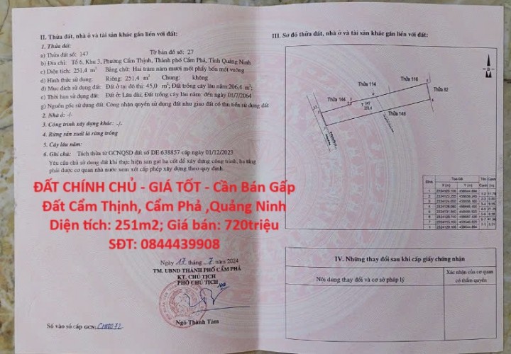 ĐẤT CHÍNH CHỦ - GIÁ TỐT - Cần Bán Gấp Đất Cẩm Thịnh, Cẩm Phả ,Quảng Ninh (sau trạm thu phí cọc 7)