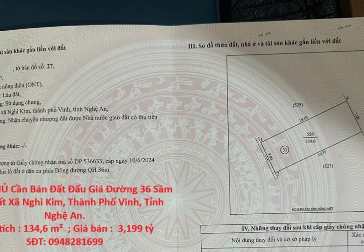 CHÍNH CHỦ Cần Bán Đất Đấu Giá Đường 36 Sầm Uất Nhất Xã Nghi Kim, Thành Phố Vinh, Tỉnh Nghệ An.