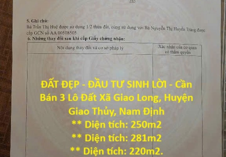ĐẤT ĐẸP - ĐẦU TƯ SINH LỜI - Cần Bán 3 Lô Đất Xã Giao Long, Huyện Giao Thủy, Nam Định