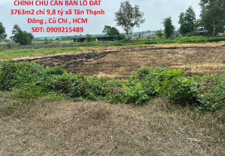 CHÍNH CHỦ CẦN BÁN LÔ ĐẤT 3763m2 chỉ 9,8 tỷ xã Tân Thạnh Đông , Củ Chi , HCM