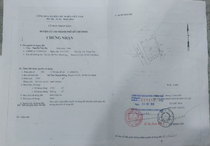 CHÍNH CHỦ CẦN BÁN LÔ ĐẤT 3763m2 chỉ 9,8 tỷ xã Tân Thạnh Đông , Củ Chi , HCM
