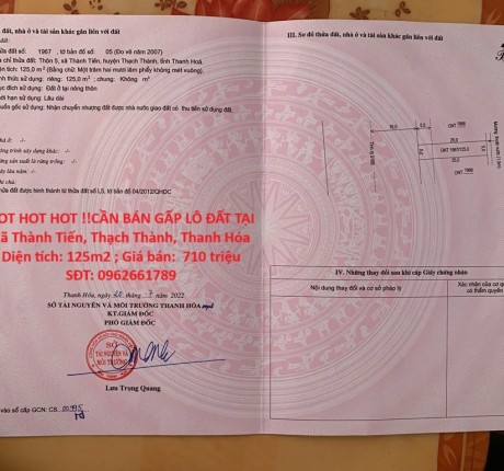 HOT HOT HOT !!CẦN BÁN GẤP LÔ ĐẤT TẠI Xã Thành Tiến, Thạch Thành, Thanh Hóa