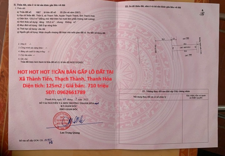 HOT HOT HOT !!CẦN BÁN GẤP LÔ ĐẤT TẠI Xã Thành Tiến, Thạch Thành, Thanh Hóa