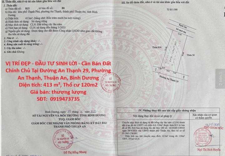 VỊ TRÍ ĐẸP - ĐẦU TƯ SINH LỜI - Cần Bán Đất Chính Chủ Tại Phường An Thạnh, Thuận An, Bình Dương