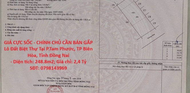 GIÁ CỰC SỐC - CHÍNH CHỦ CẦN BÁN GẤP Lô Đất Biệt Thự Tại P.Tam Phước, TP Biên Hòa, Tỉnh Đồng Nai
