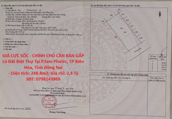 GIÁ CỰC SỐC - CHÍNH CHỦ CẦN BÁN GẤP Lô Đất Biệt Thự Tại P.Tam Phước, TP Biên Hòa, Tỉnh Đồng Nai