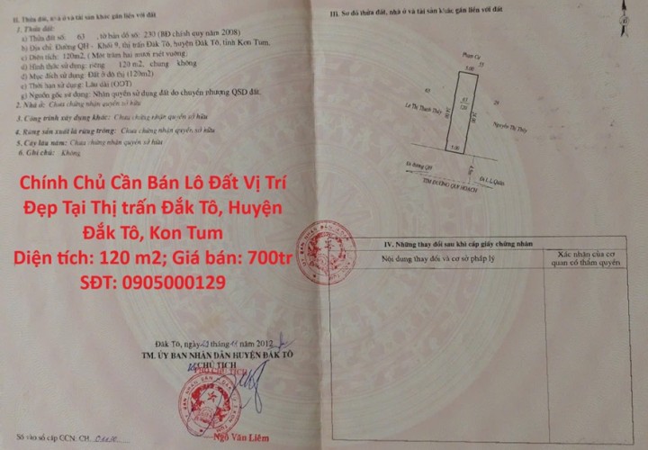 Chính Chủ Cần Bán Lô Đất Vị Trí Đẹp Tại Thị trấn Đắk Tô, Huyện Đắk Tô, Kon Tum