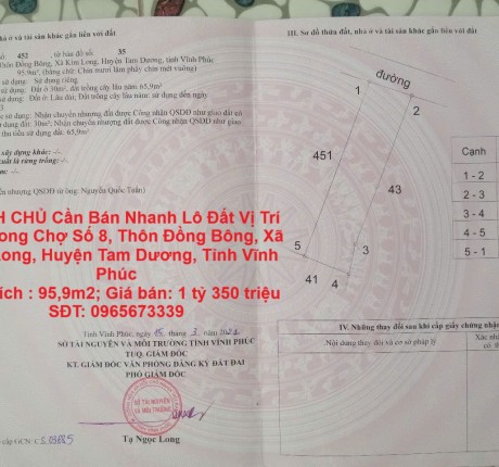 CHÍNH CHỦ Cần Bán Nhanh Lô Đất Vị Trí Đẹp trong Chợ Số 8, Kim Long ,Huyện Tam Dương,Vĩnh Phúc