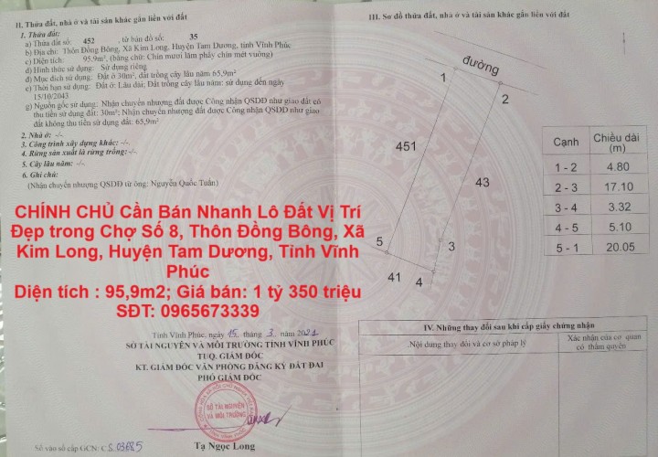 CHÍNH CHỦ Cần Bán Nhanh Lô Đất Vị Trí Đẹp trong Chợ Số 8, Kim Long ,Huyện Tam Dương,Vĩnh Phúc