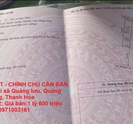 ĐẤT ĐẸP - GIÁ TỐT - CHÍNH CHỦ CẦN BÁN GẤP LÔ ĐẤT tại xã Quảng lưu, Quảng xương, Thanh Hóa