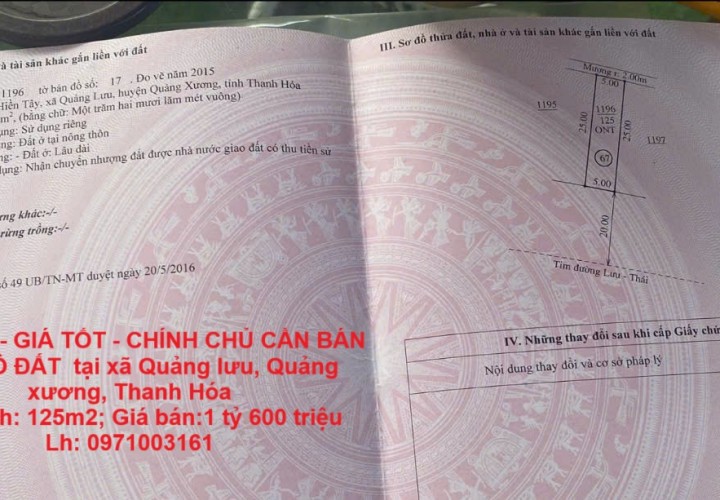 ĐẤT ĐẸP - GIÁ TỐT - CHÍNH CHỦ CẦN BÁN GẤP LÔ ĐẤT  tại xã Quảng lưu, Quảng xương, Thanh Hóa