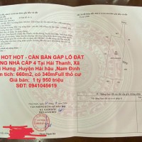 HOT HOT HOT - CẦN BÁN GẤP LÔ ĐẤT TẶNG NHÀ CẤP 4 Tại Hải Thanh, Xã Hải Hưng ,Huyện Hải hậu ,Nam Định