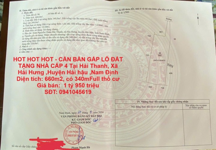 HOT HOT HOT - CẦN BÁN GẤP LÔ ĐẤT TẶNG NHÀ CẤP 4 Tại Hải Thanh, Xã Hải Hưng ,Huyện Hải hậu ,Nam Định