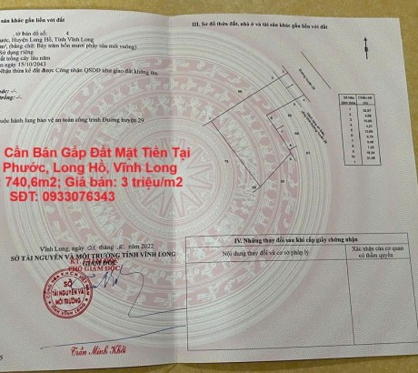 Chính Chủ Cần Bán Gấp Đất Mặt Tiền Tại Xã Long Phước, Long Hồ, Vĩnh Long