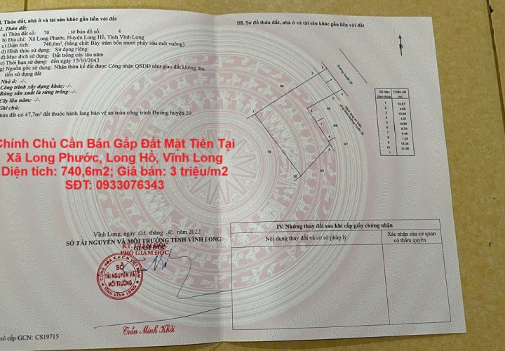 Chính Chủ Cần Bán Gấp Đất Mặt Tiền Tại Xã Long Phước, Long Hồ, Vĩnh Long