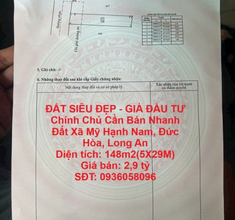 ĐẤT SIÊU ĐẸP - GIÁ ĐẦU TƯ Chính Chủ Cần Bán Nhanh Đất Xã Mỹ Hạnh Nam, Đức Hòa, Long An