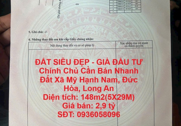 ĐẤT SIÊU ĐẸP - GIÁ ĐẦU TƯ Chính Chủ Cần Bán Nhanh Đất Xã Mỹ Hạnh Nam, Đức Hòa, Long An