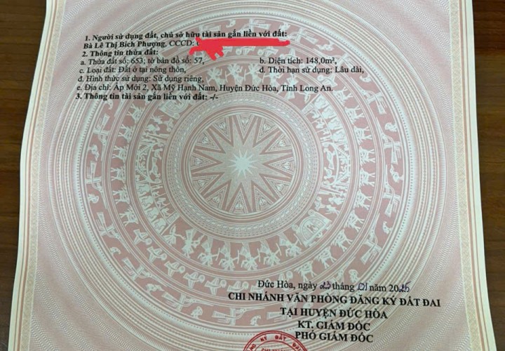 ĐẤT SIÊU ĐẸP - GIÁ ĐẦU TƯ Chính Chủ Cần Bán Nhanh Đất Xã Mỹ Hạnh Nam, Đức Hòa, Long An
